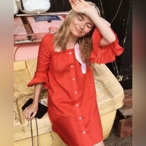 Daily Sleeper Jane Red Linen Mini Dress Goop $230 L Large